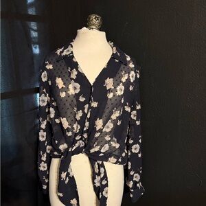 Pleione Navy Sheer Floral Tie-Front Blouse